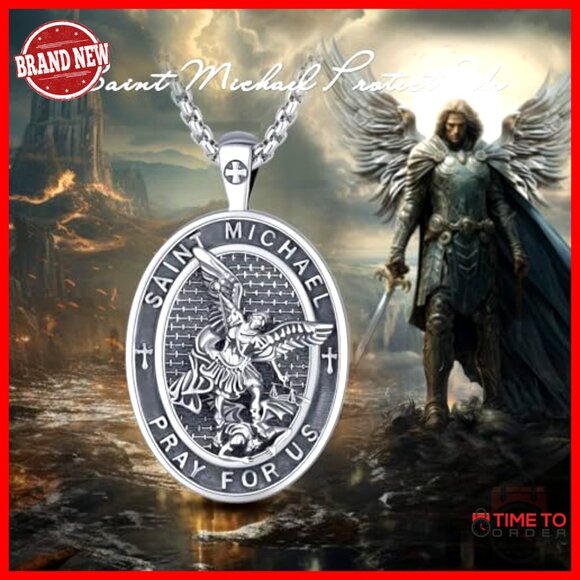 925 Sterling Silver Saint Michael Cross Pendant Necklace for Men Women - Picture 2 of 7